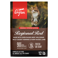 ORIJEN Regional Red dry cat food 12 lb bag showing protein-rich nourishment for cats.