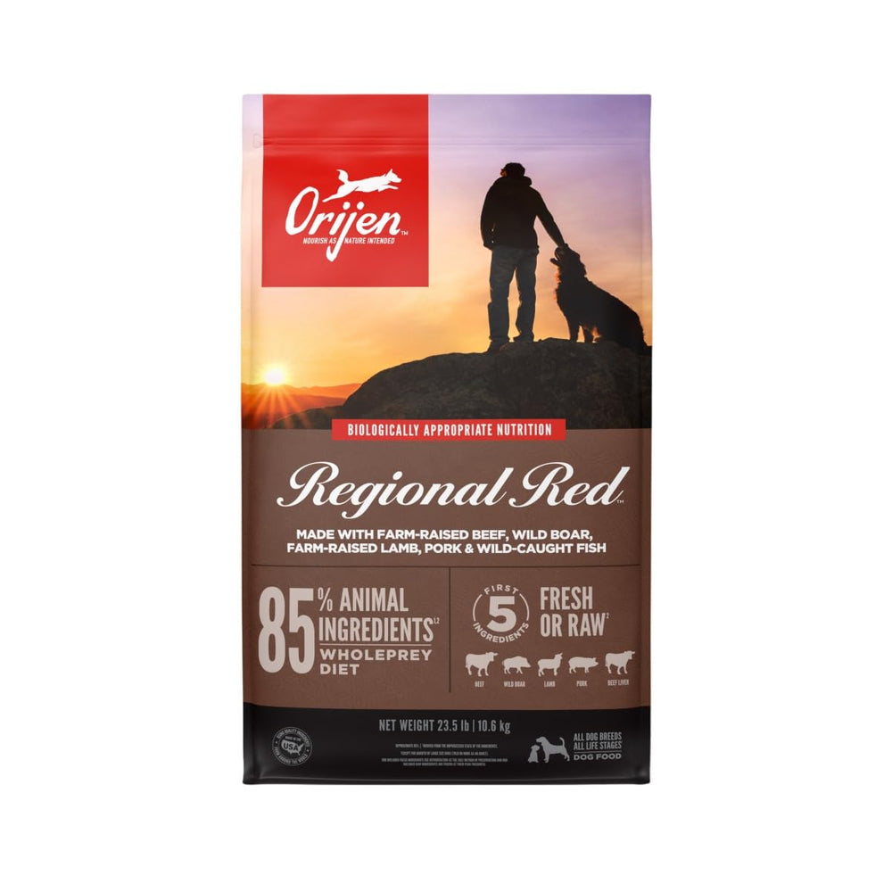 ORIJEN Regional Red bag highlighting premium protein blend for healthy coat.
