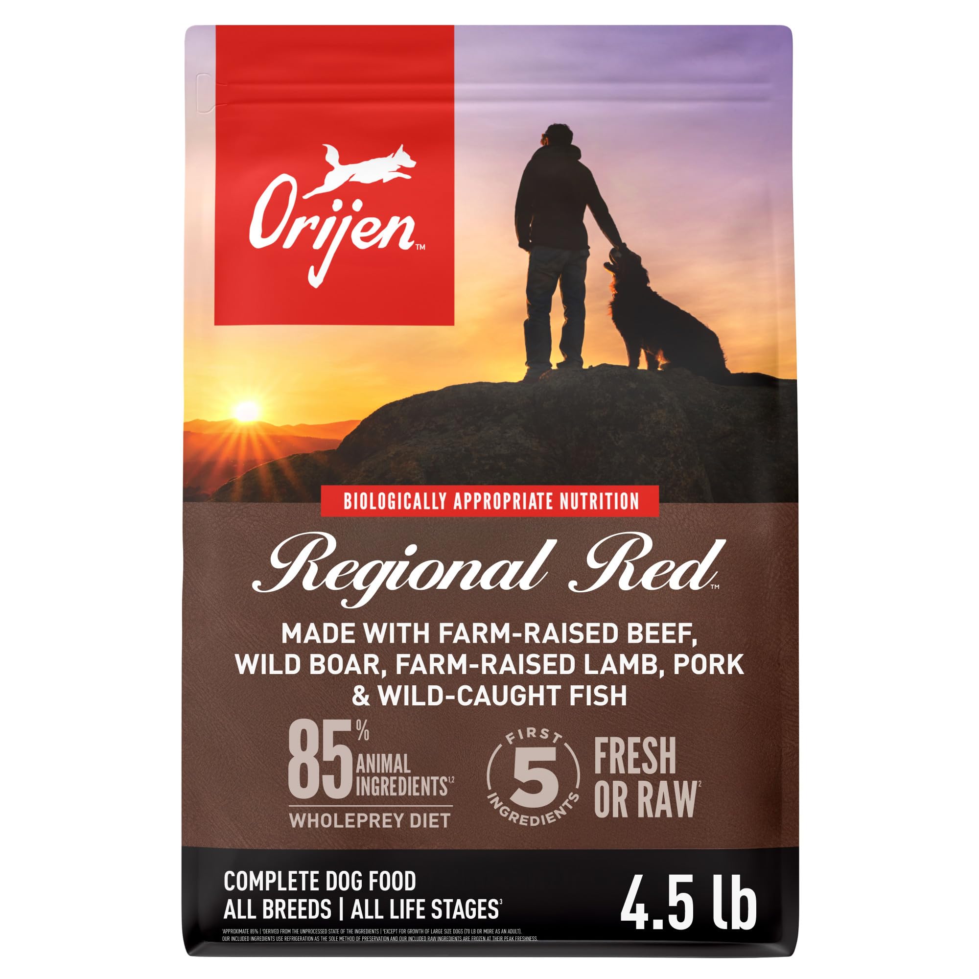 ORIJEN Regional Red dry dog food bag shows premium high-protein formula for active dogs