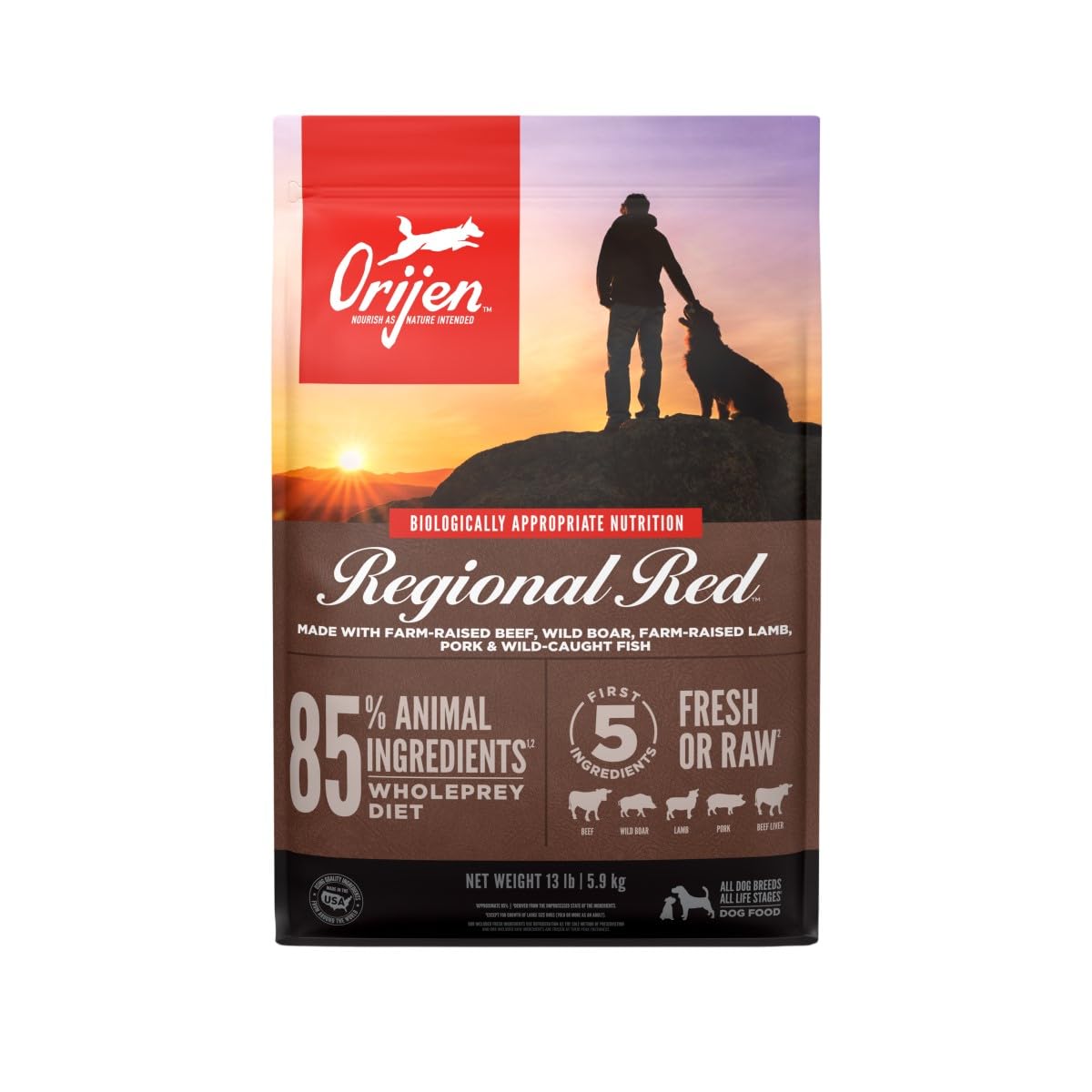 ORIJEN Regional Red dry dog food bag front showing grain-free poultry-free formula and 13lb size