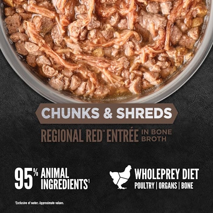 ORIJEN Regional Red Entree opened can ready to serve with chunks and shreds.
