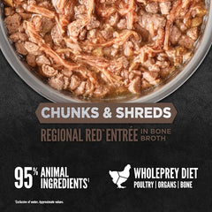ORIJEN Regional Red Entree opened can ready to serve with chunks and shreds.
