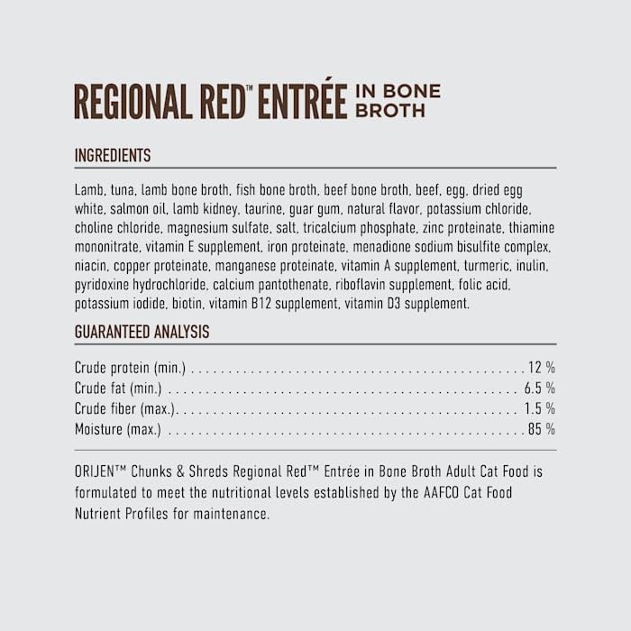 ORIJEN Regional Red Entree chunks and shreds texture close-up highlights protein variety.