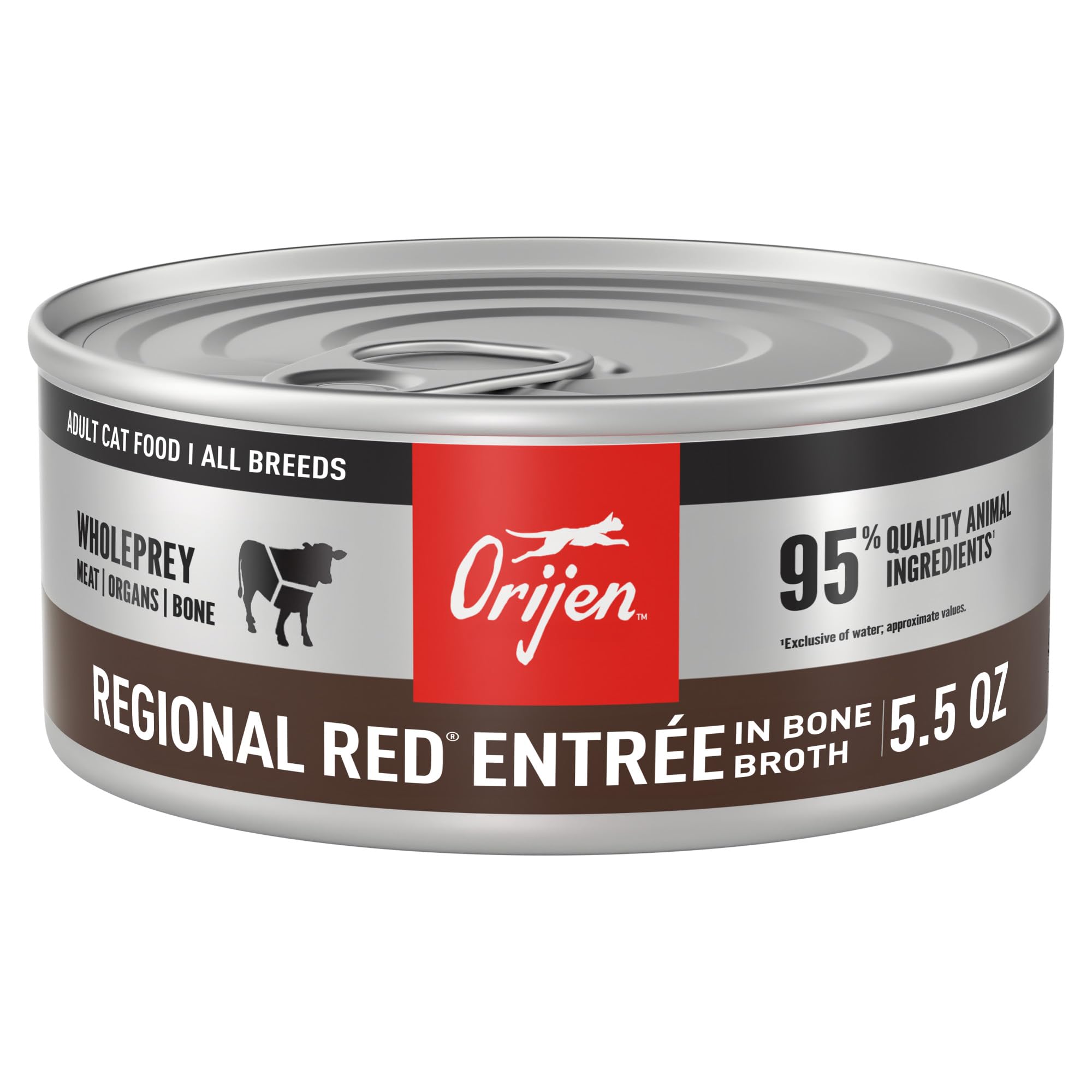 ORIJEN Regional Red Entrée label highlights 95 percent animal ingredients and grain-free formula.