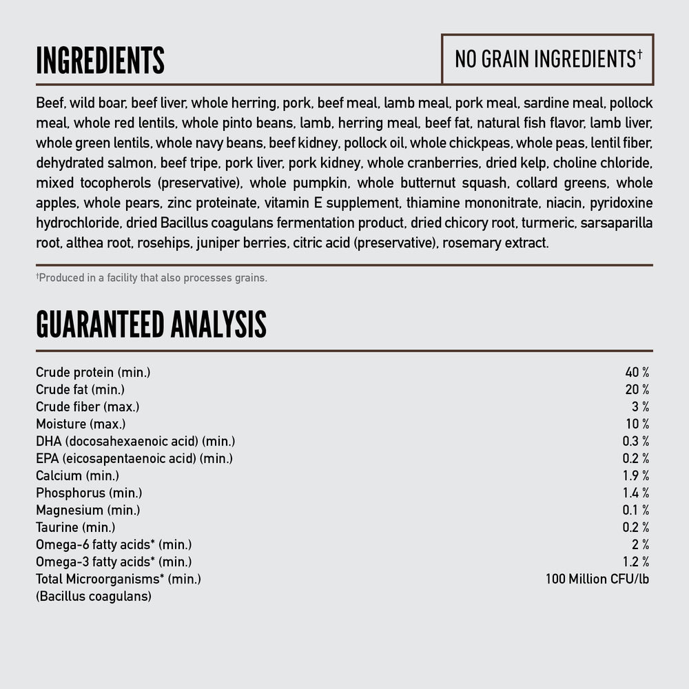 ORIJEN Regional Red first five ingredients beef, pork, mackerel, liver, wild boar.