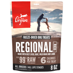 ORIJEN Regional Red freeze-dried dog treats in 8oz bag for easy training rewards.
