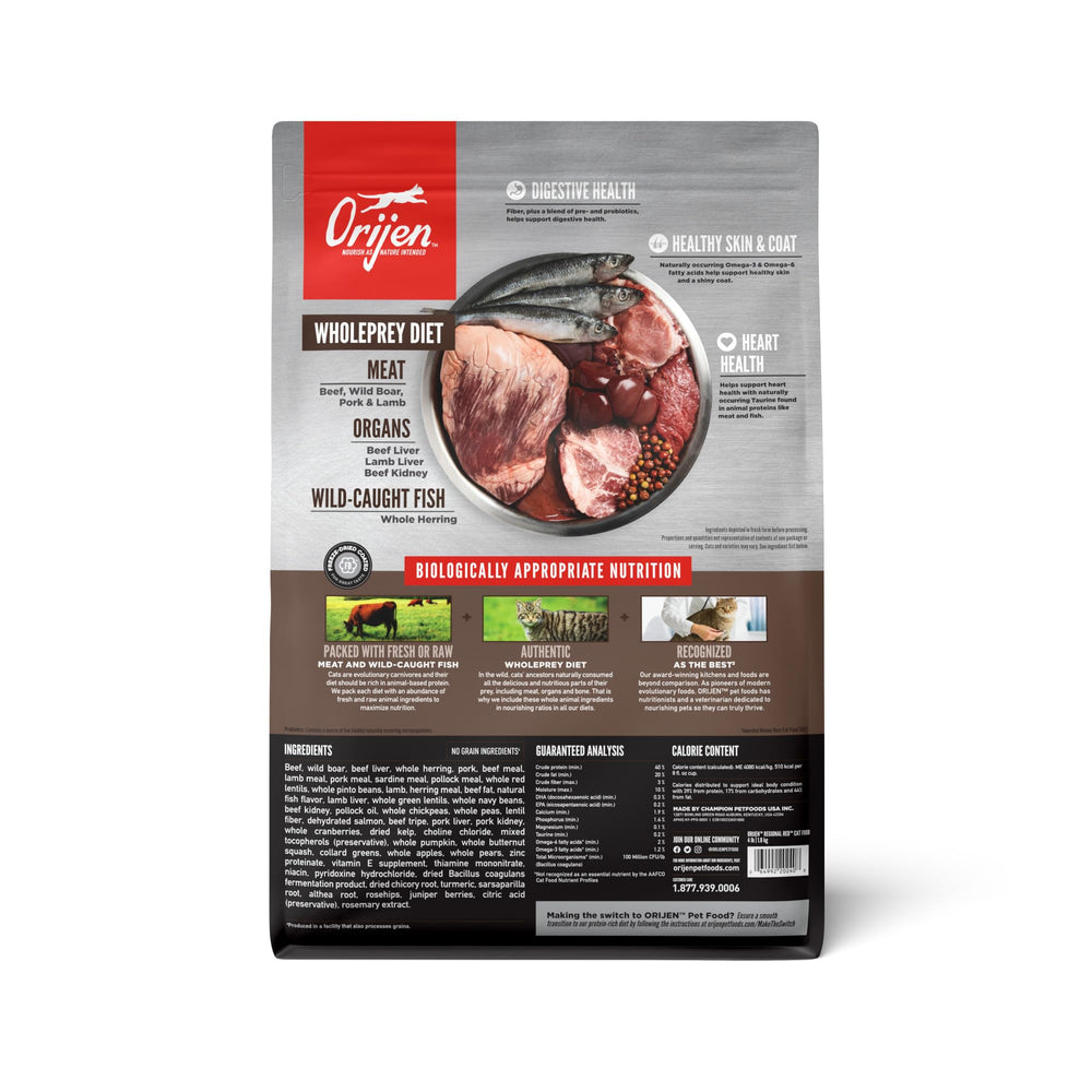 ORIJEN Regional Red fresh and raw ingredients highlight wholesome protein sources.