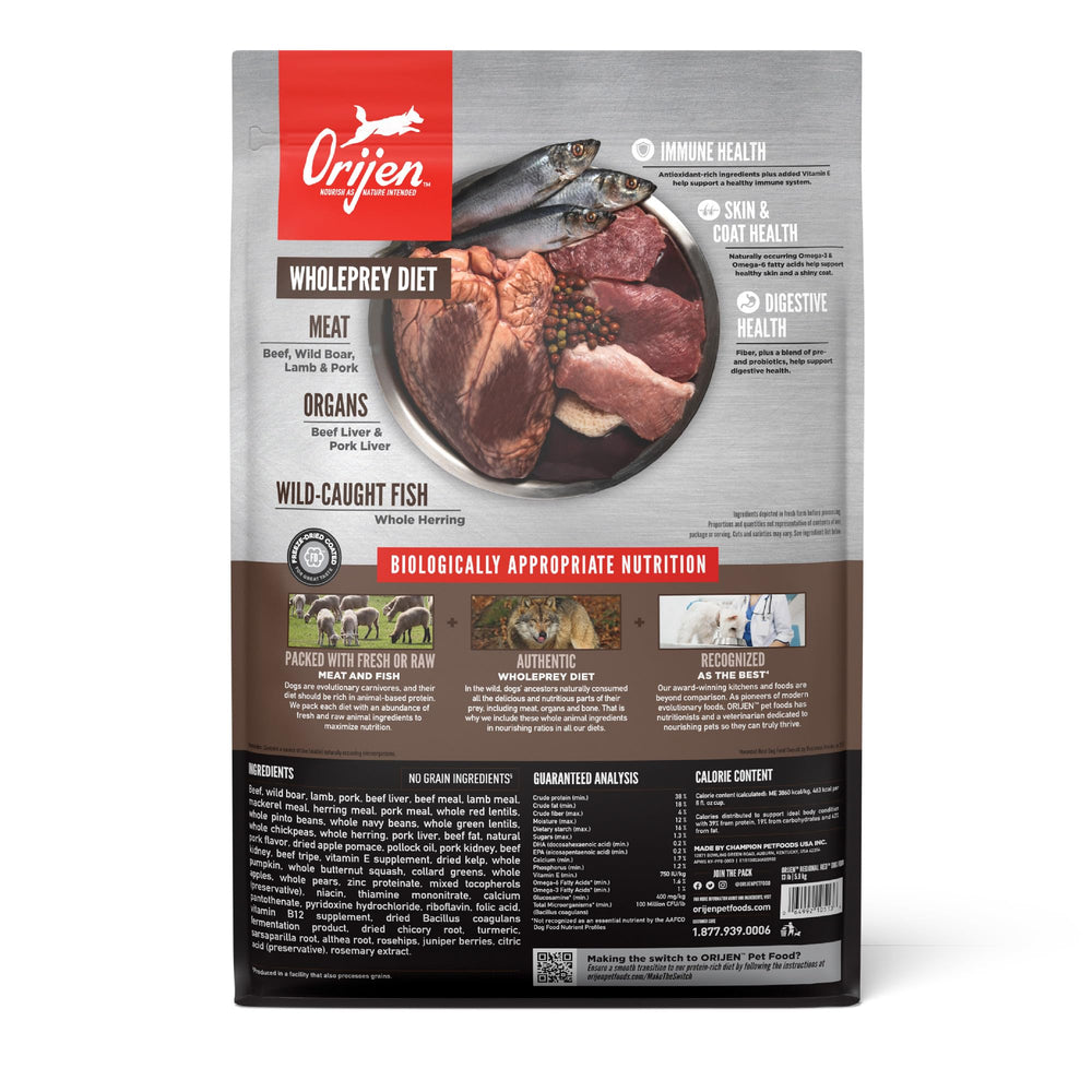 Close-up of ORIJEN Regional Red ingredients with beef, lamb and wild boar