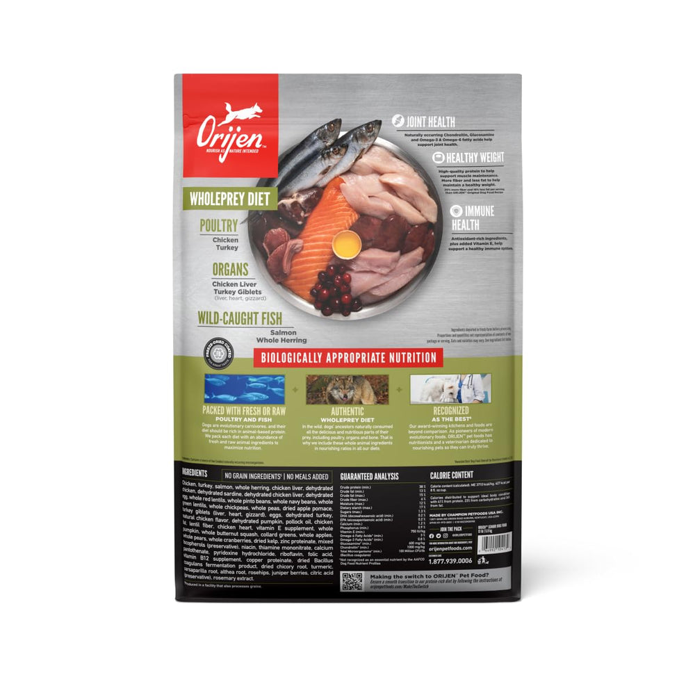 Orijen Senior close-up of first five ingredients: chicken, turkey, salmon, herring, liver.