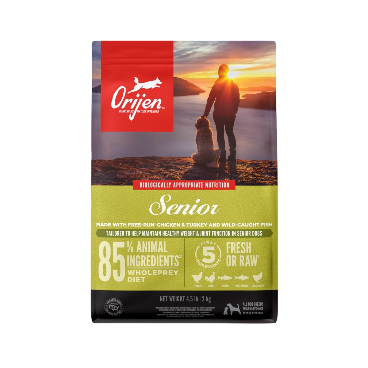 ORIJEN Senior grain-free dry dog food bag shows high-protein blend for active dogs.