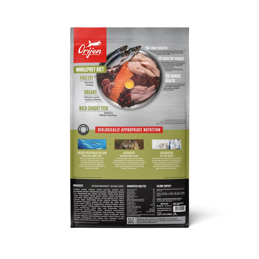 Kibble close-up from ORIJEN Senior grain-free formula showing protein-rich texture