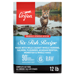 ORIJEN Six Fish bag front shows grain-free dry cat food for protein-rich meals.