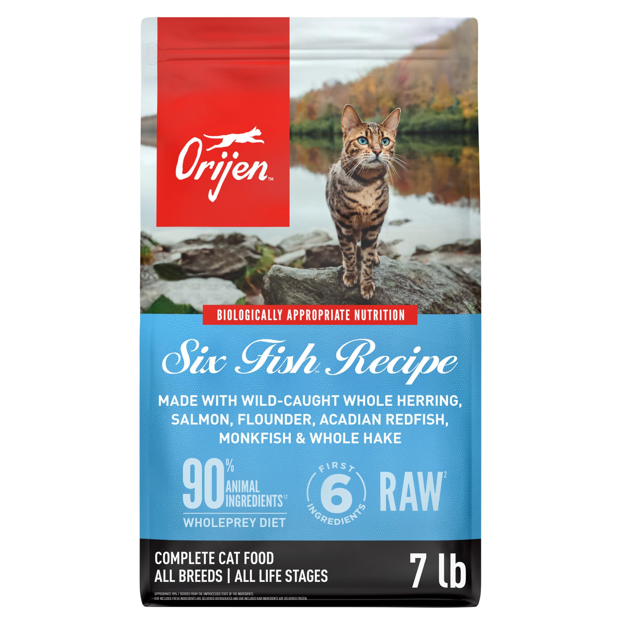 ORIJEN Six Fish dry cat food bag highlighting high-protein, grain-free formula
