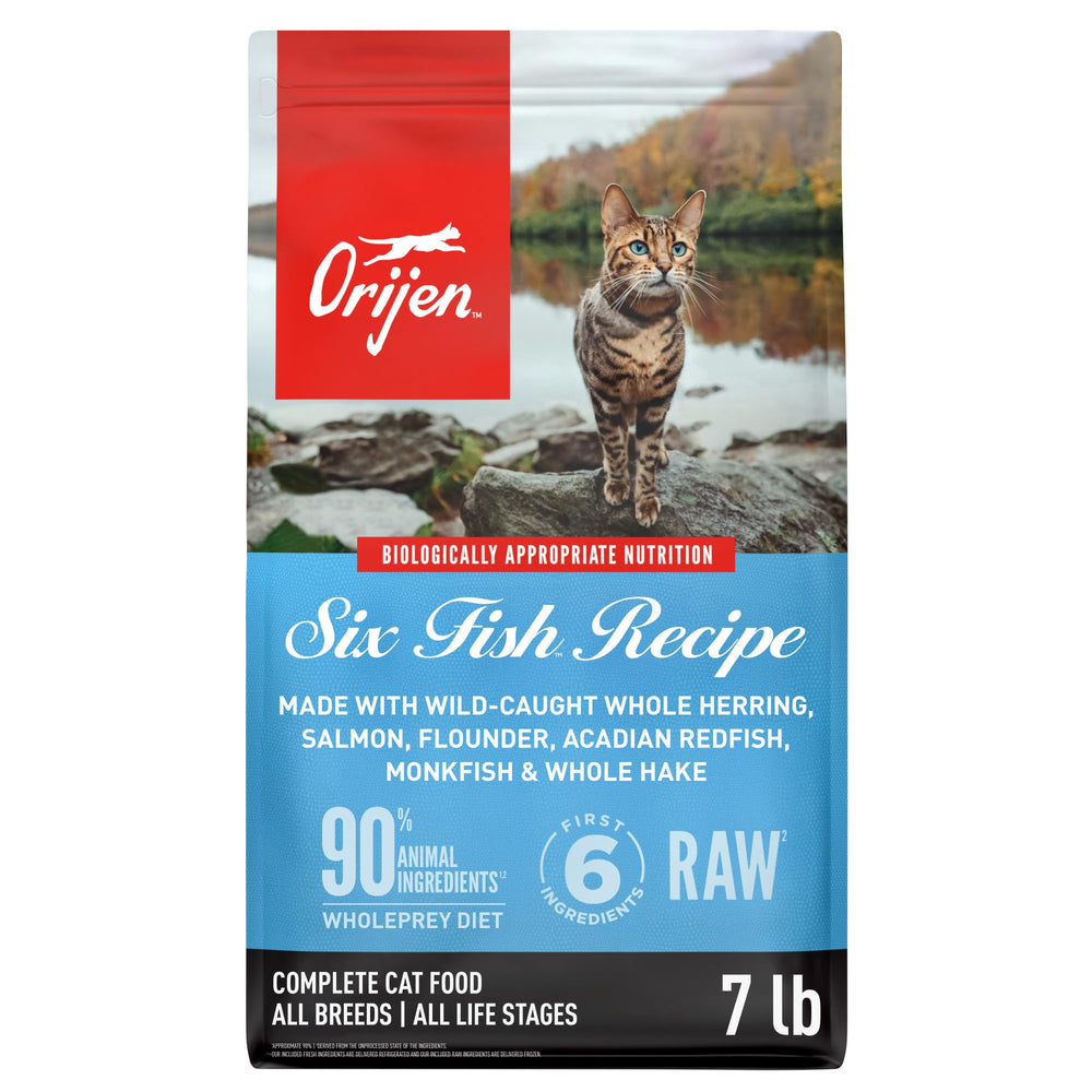 ORIJEN Six Fish dry cat food bag highlighting high-protein, grain-free formula