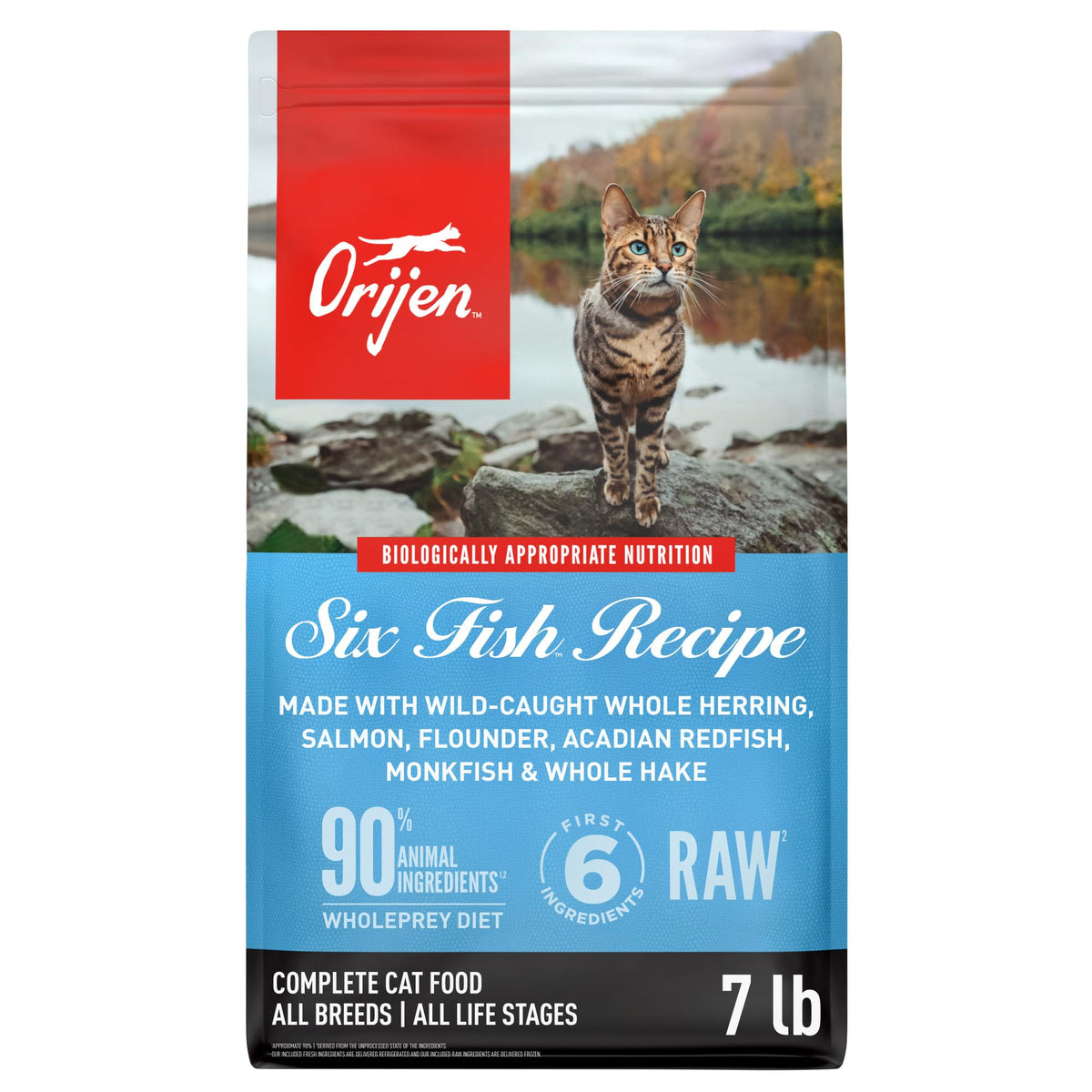 ORIJEN Six Fish dry cat food bag highlighting high-protein, grain-free formula