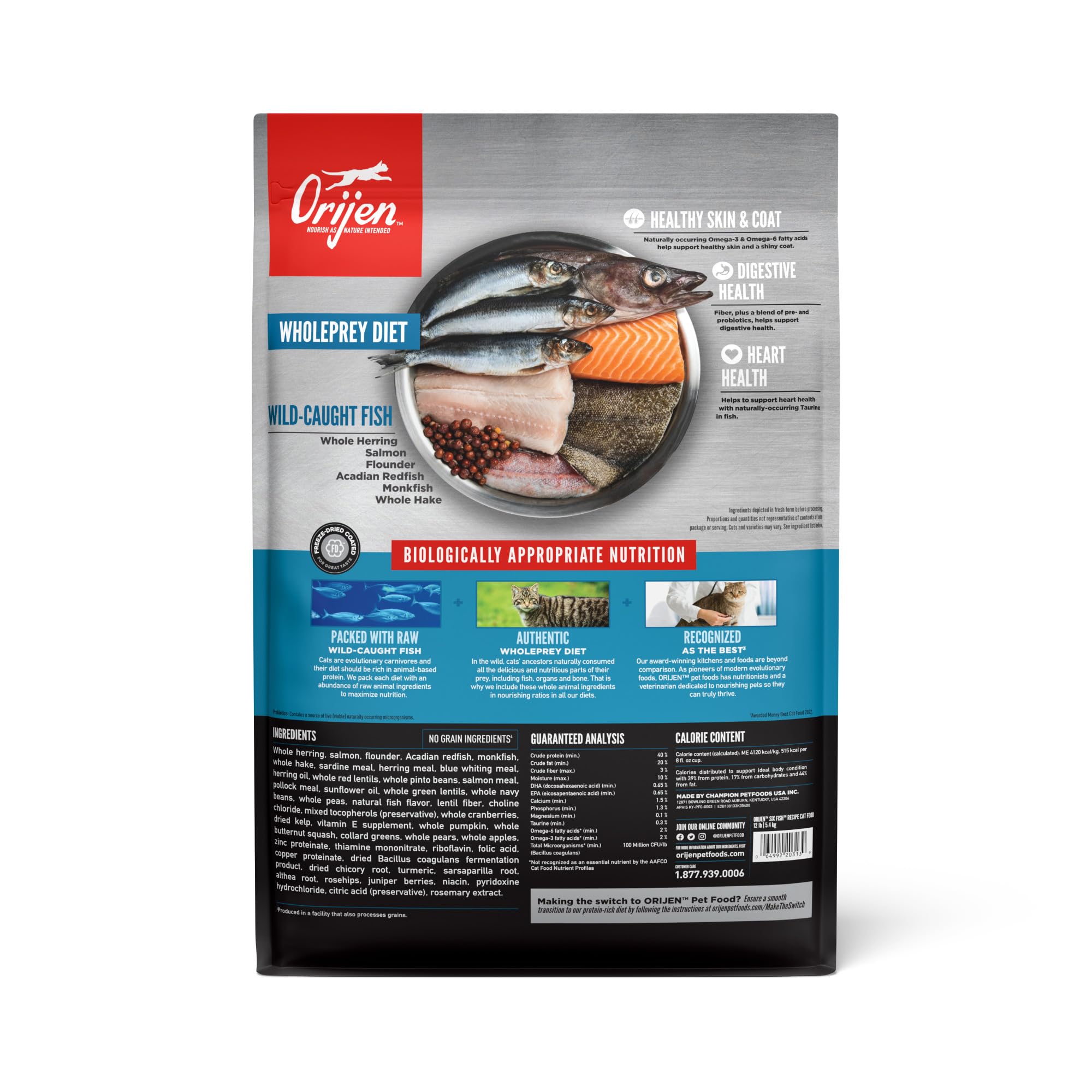 ORIJEN Six Fish kibble close-up highlights WholePrey ingredients for feline nutrition.