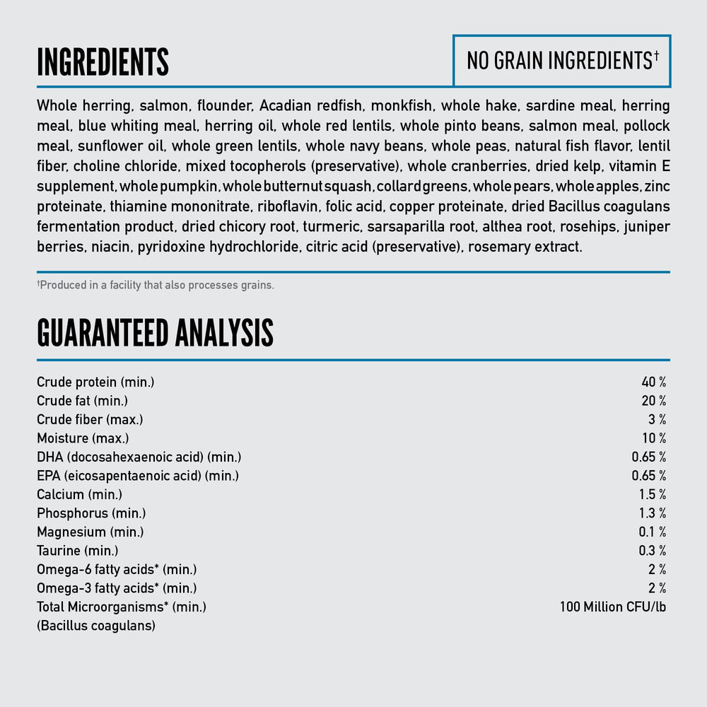 ORIJEN Six Fish packaging and label emphasize quality and protein focus.