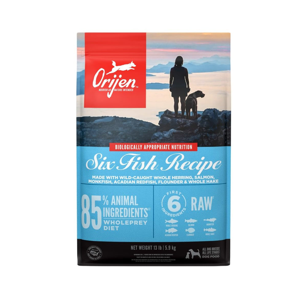 ORIJEN Six Fish bag with high-protein grain-free formula for all life stages.