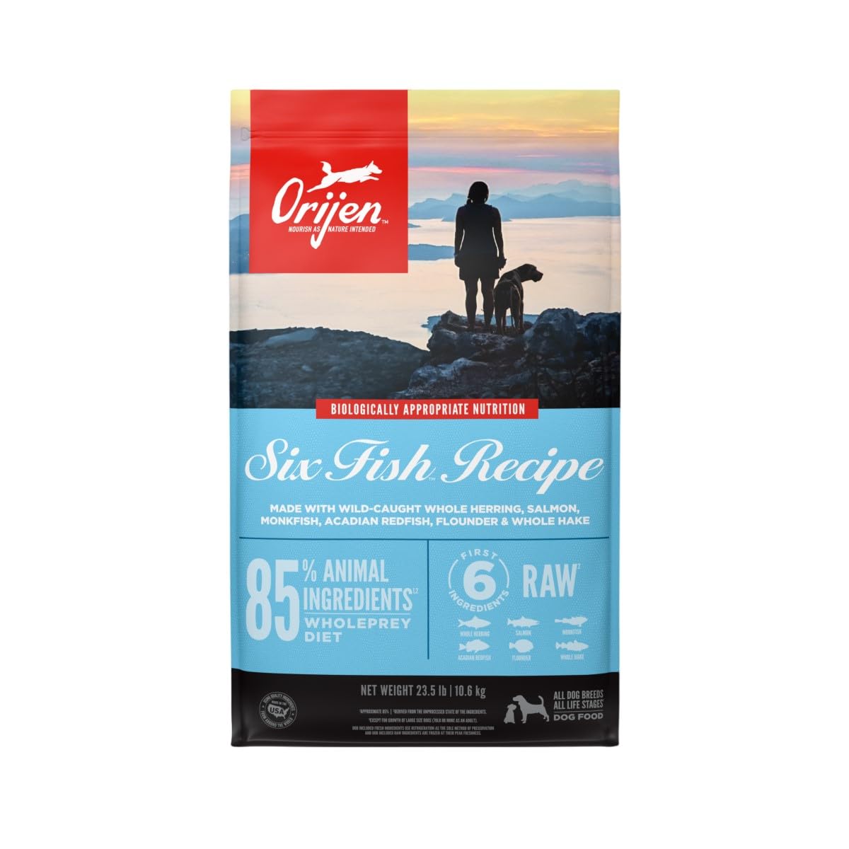 ORIJEN Six Fish bag front, protein-rich grain-free dog food.