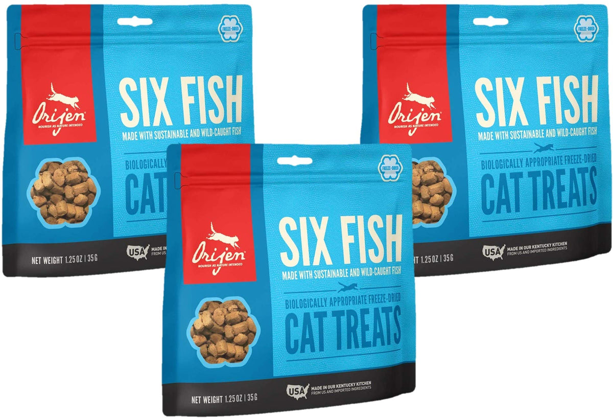 ORIJEN Six Fish freeze-dried cat treats pack shot, protein-rich reward for healthy snacking