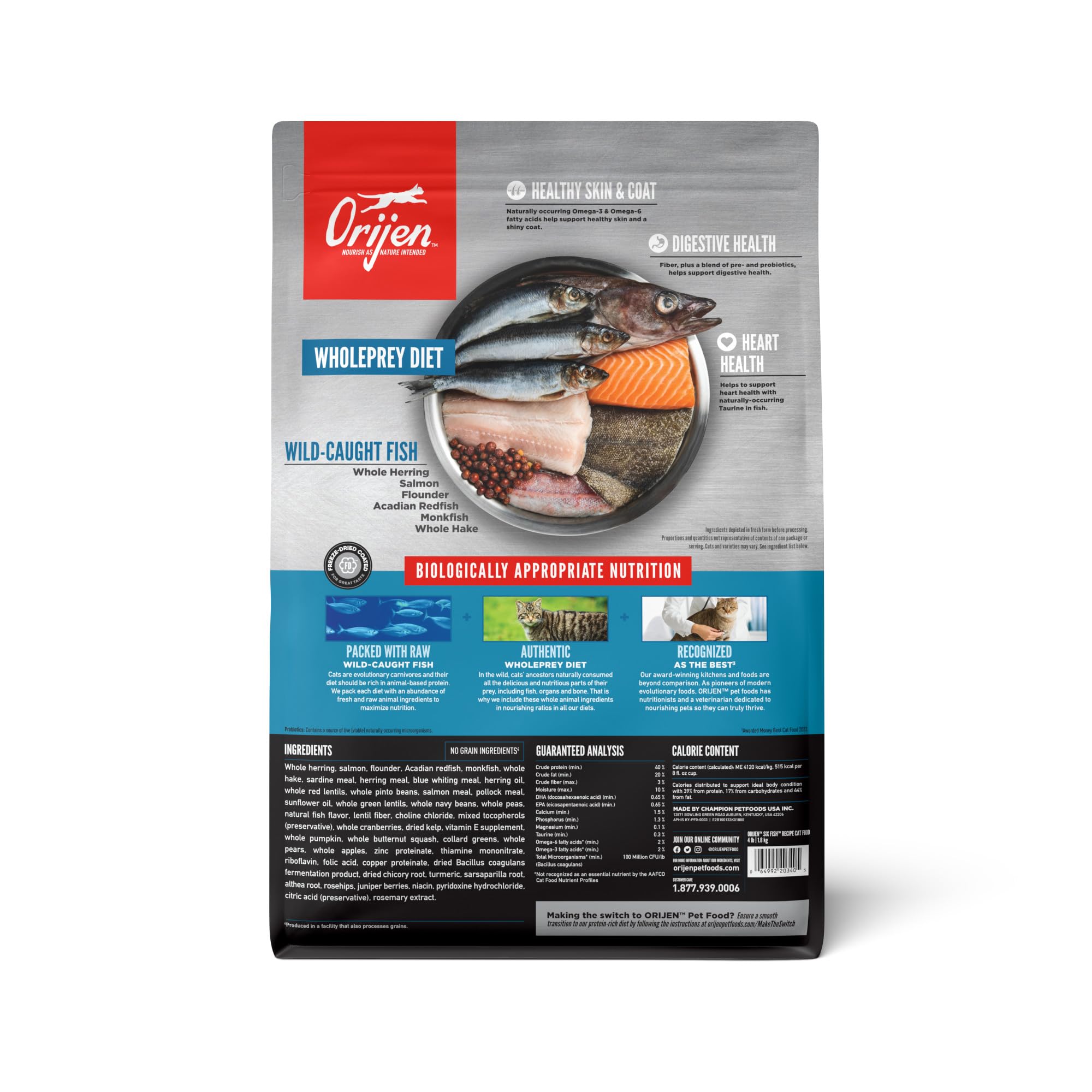 ORIJEN Six Fish kibble closeup highlights high-protein bites for a healthier coat.