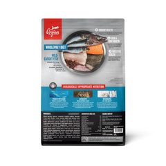 ORIJEN Six Fish kibble close-up shows high-protein fish blend for all life stages
