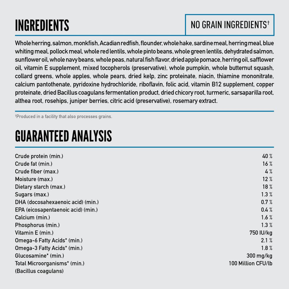 No grains in ORIJEN Six Fish formula.