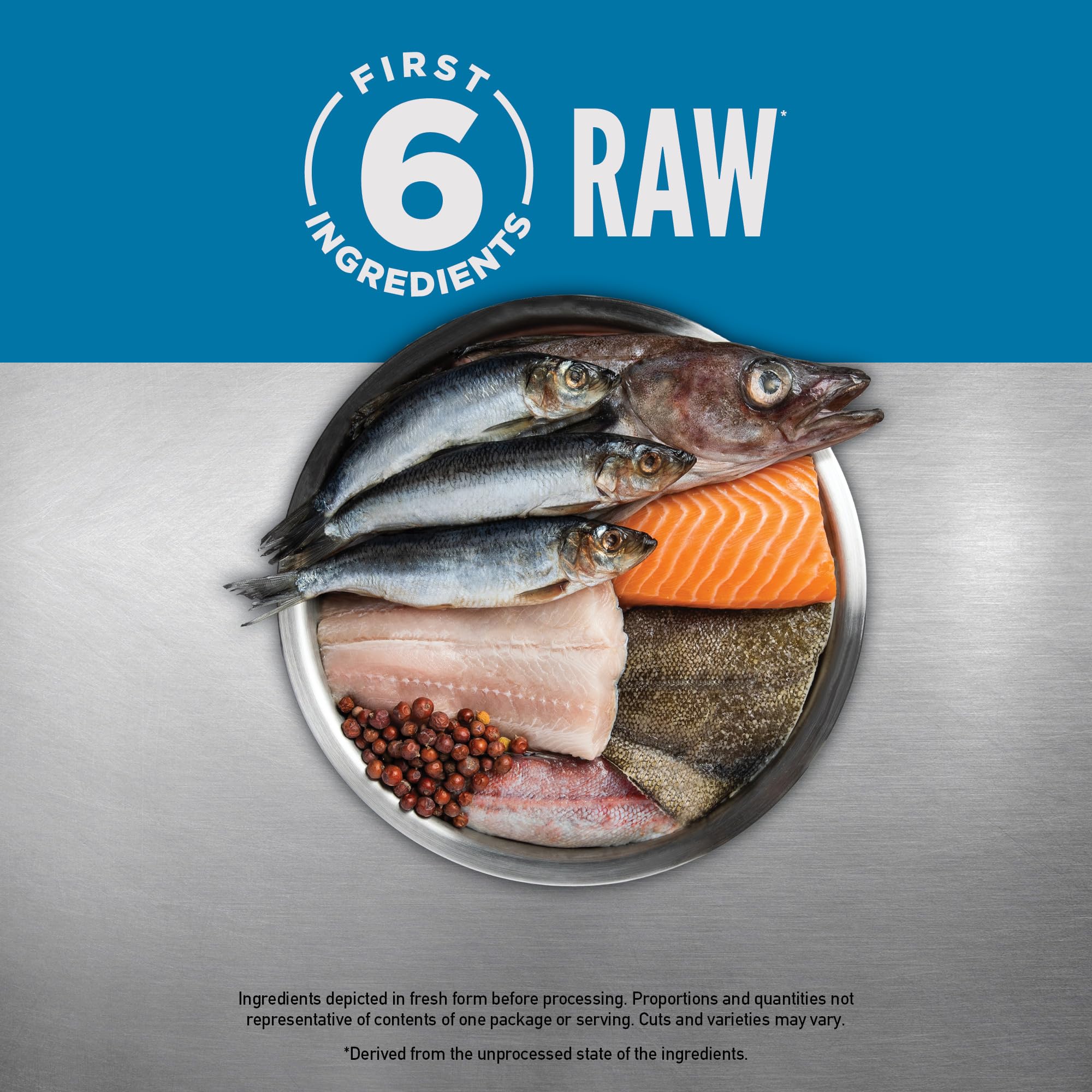 ORIJEN Six Fish raw whole-herring view underscores premium animal ingredients.