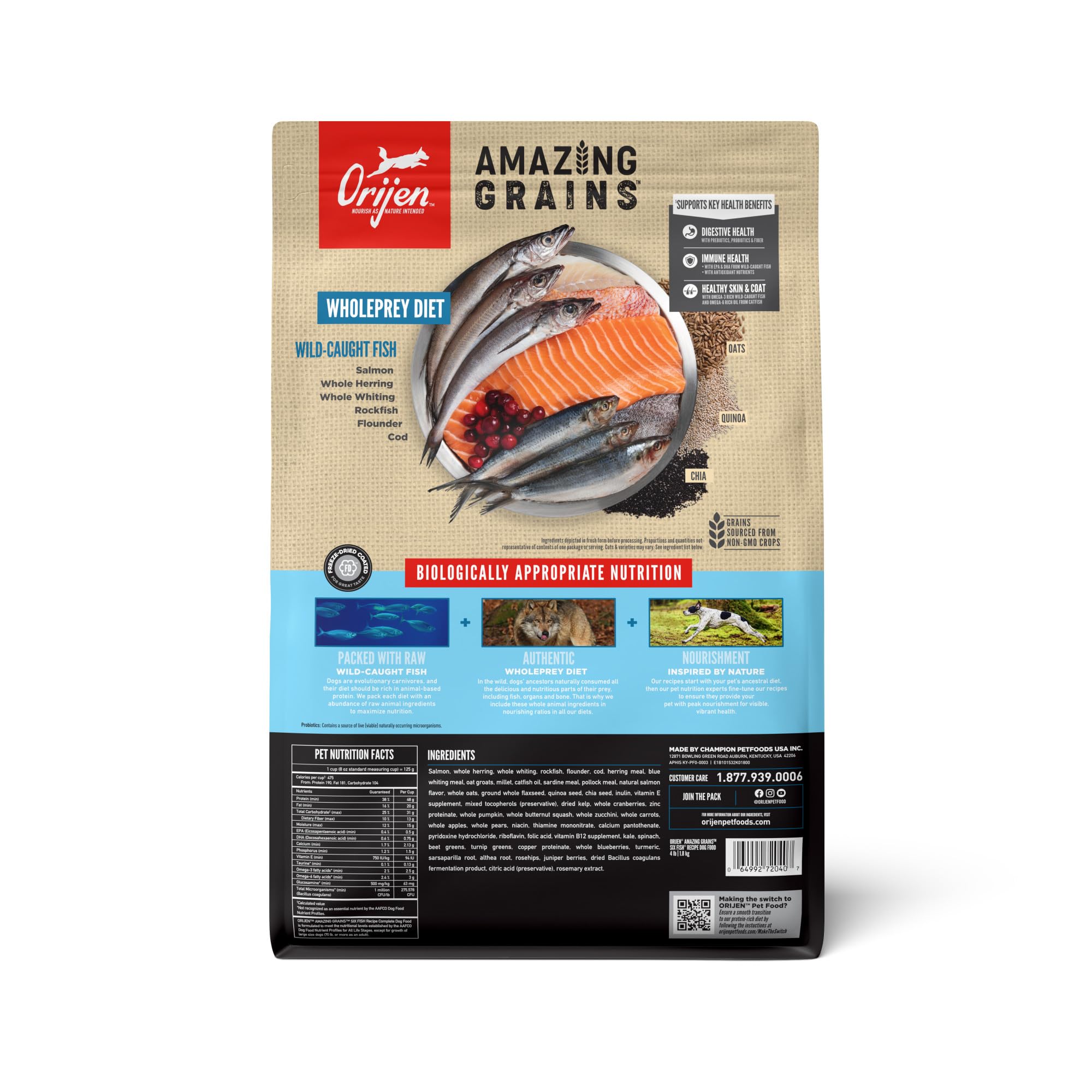 Close-up of ORIJEN Six Fish ingredients supports WholePrey-style nutrition.
