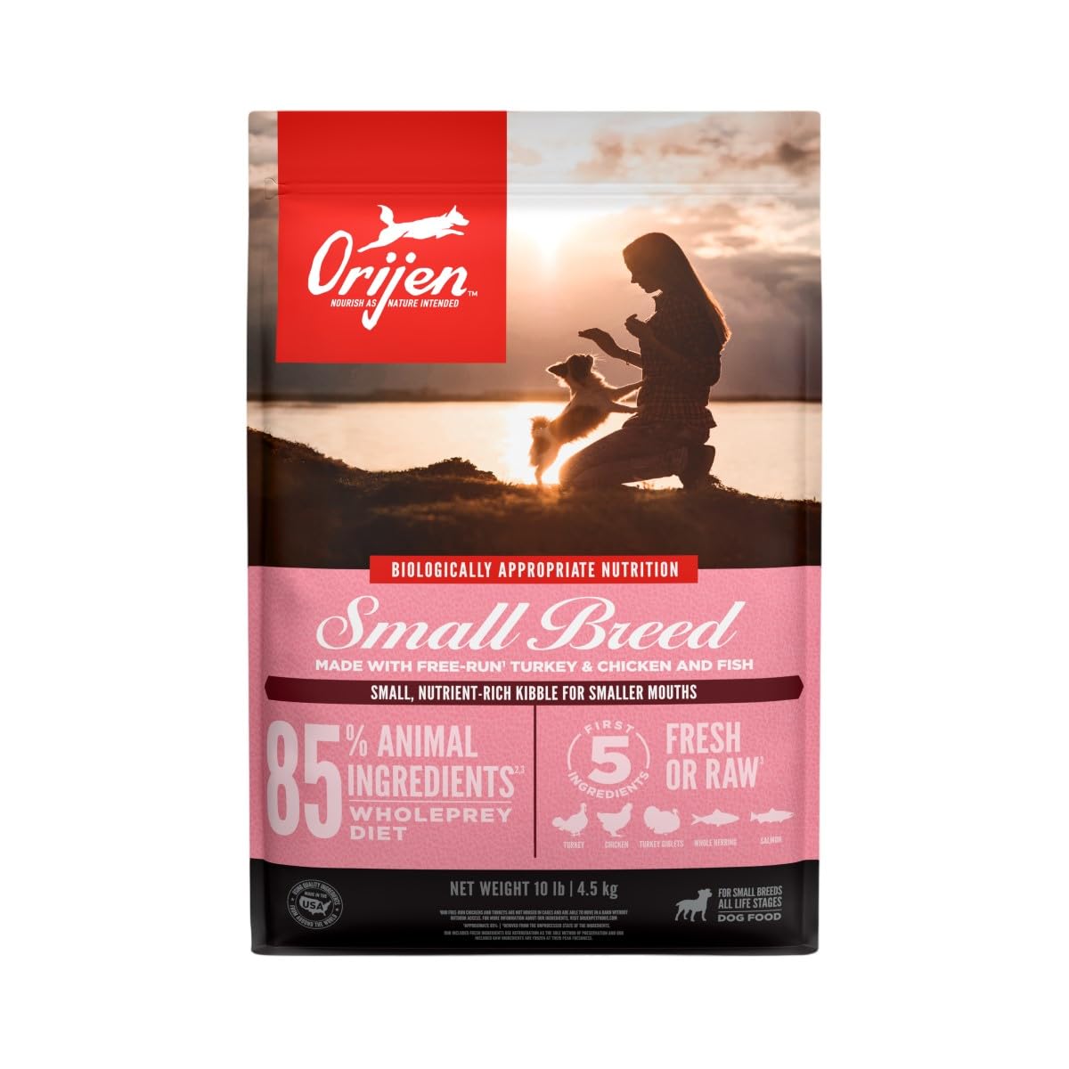 ORIJEN Small Breed bag, 10 lb, supports high-protein nutrition for small dogs.