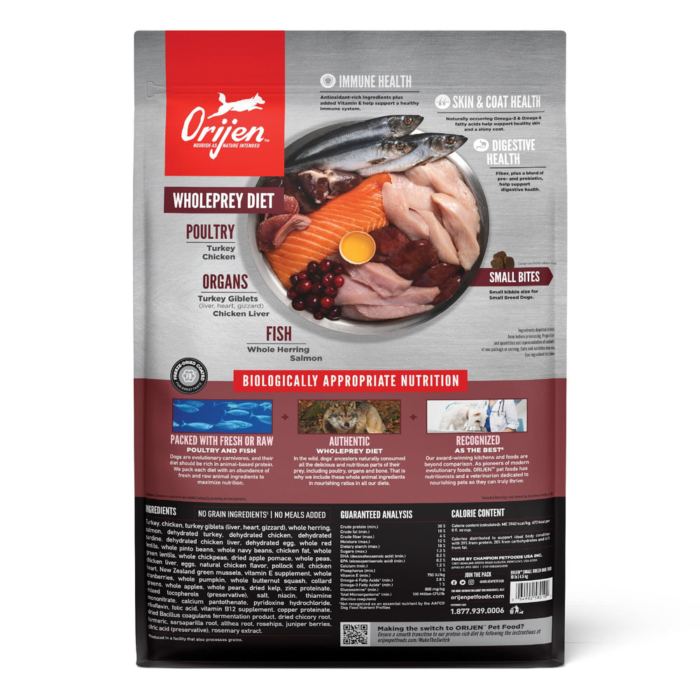 ORIJEN Small Breed Grain Free Dry Dog Food kibble closeup showing high-protein formula