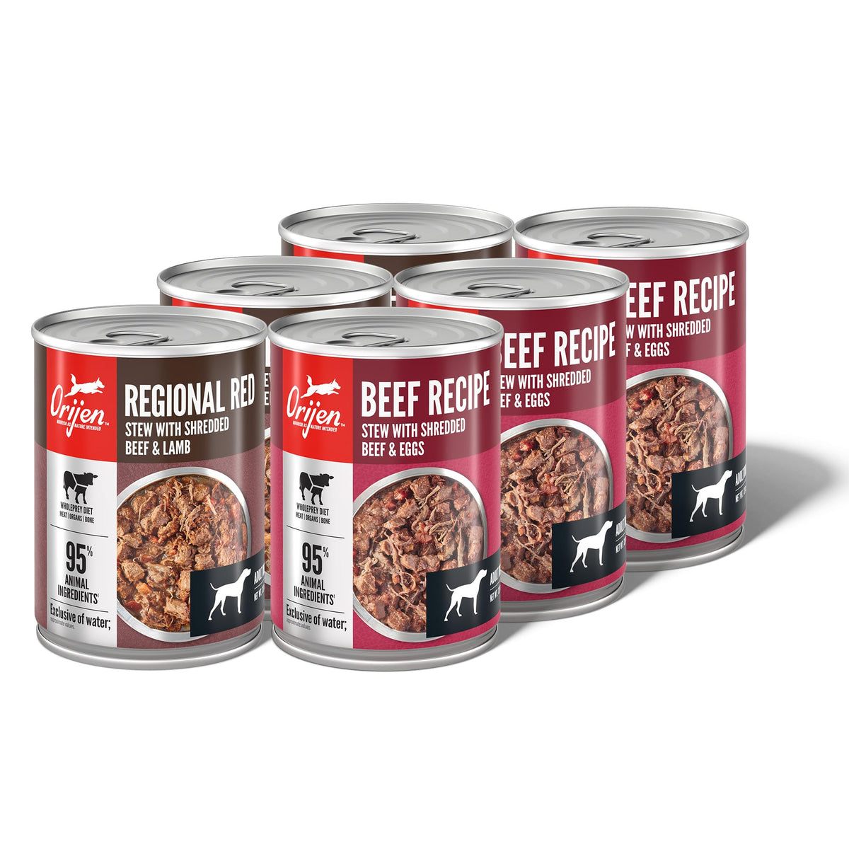 ORIJEN Real Meat Shreds Regional Red can with shredded beef and lamb for premium meals.