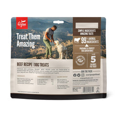Close-up texture of ORIJEN beef recipe freeze-dried treats with rich aroma and crunch.
