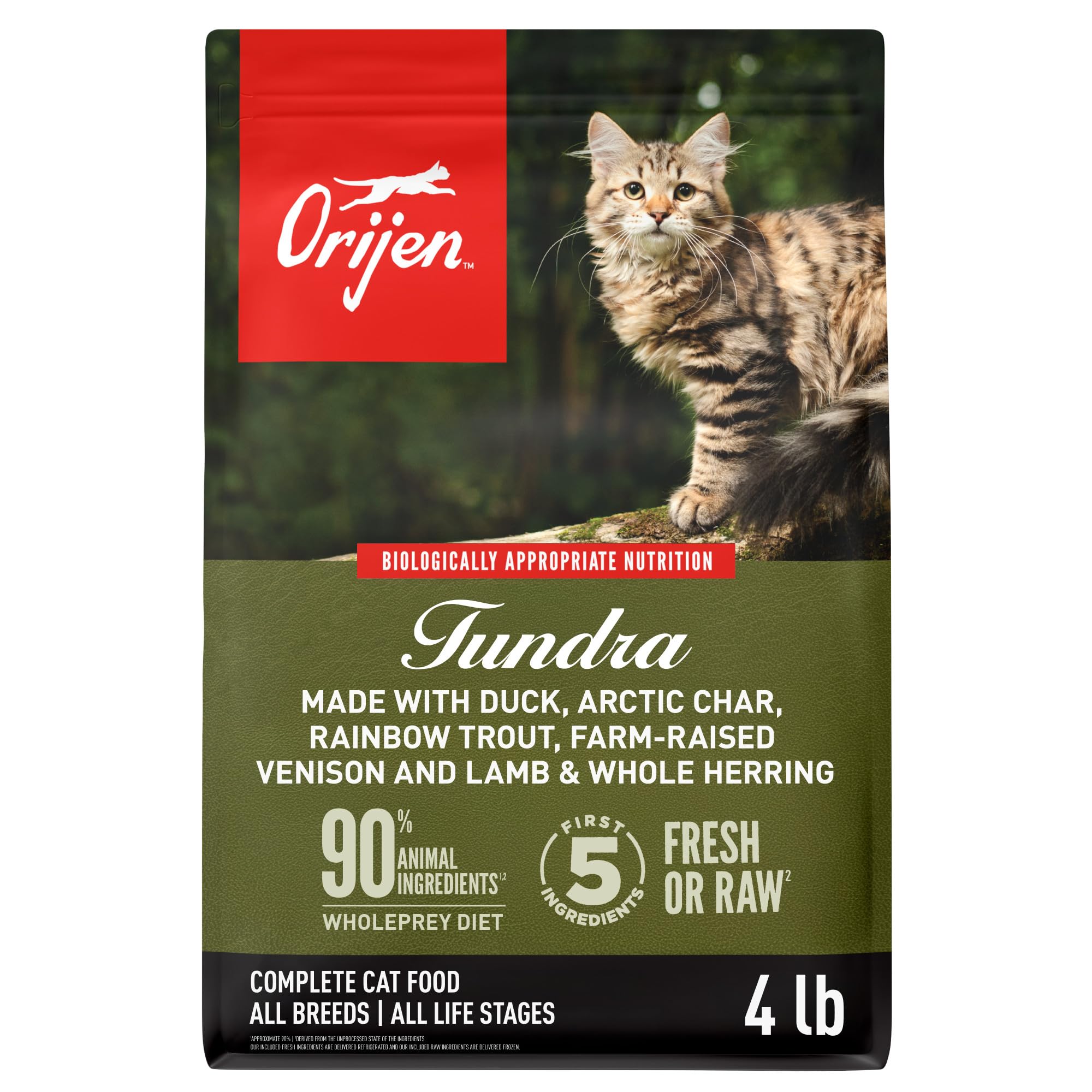 ORIJEN TUNDRA 4lb bag grain-free formula for lean muscle and activity.