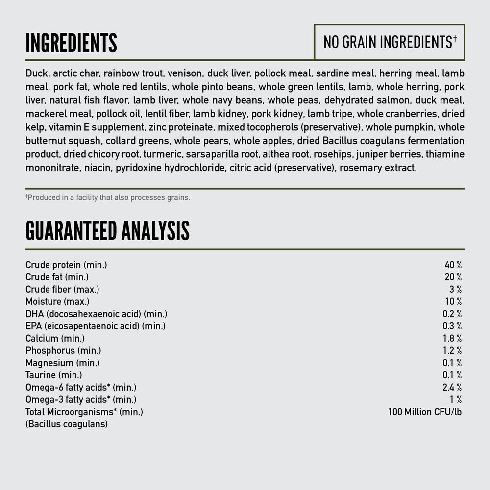Arctic char, venison, and pork liver provide protein variety for ORIJEN TUNDRA.