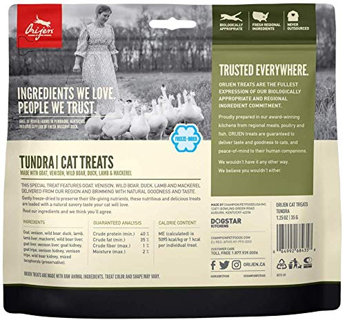 Orijen Tundra treats with duck, lamb, and venison pieces for rewards