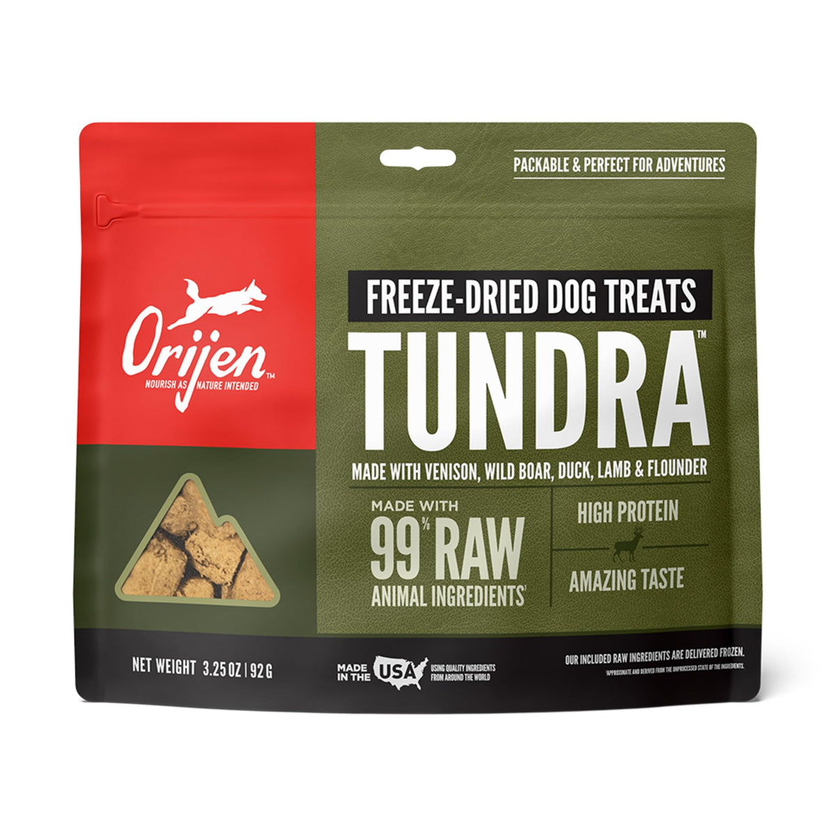 ORIJEN Tundra treats in a bag open for quick rewards during walks