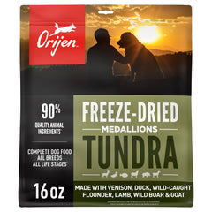 ORIJEN TUNDRA medallions bag front highlights high-protein ingredients for meals.