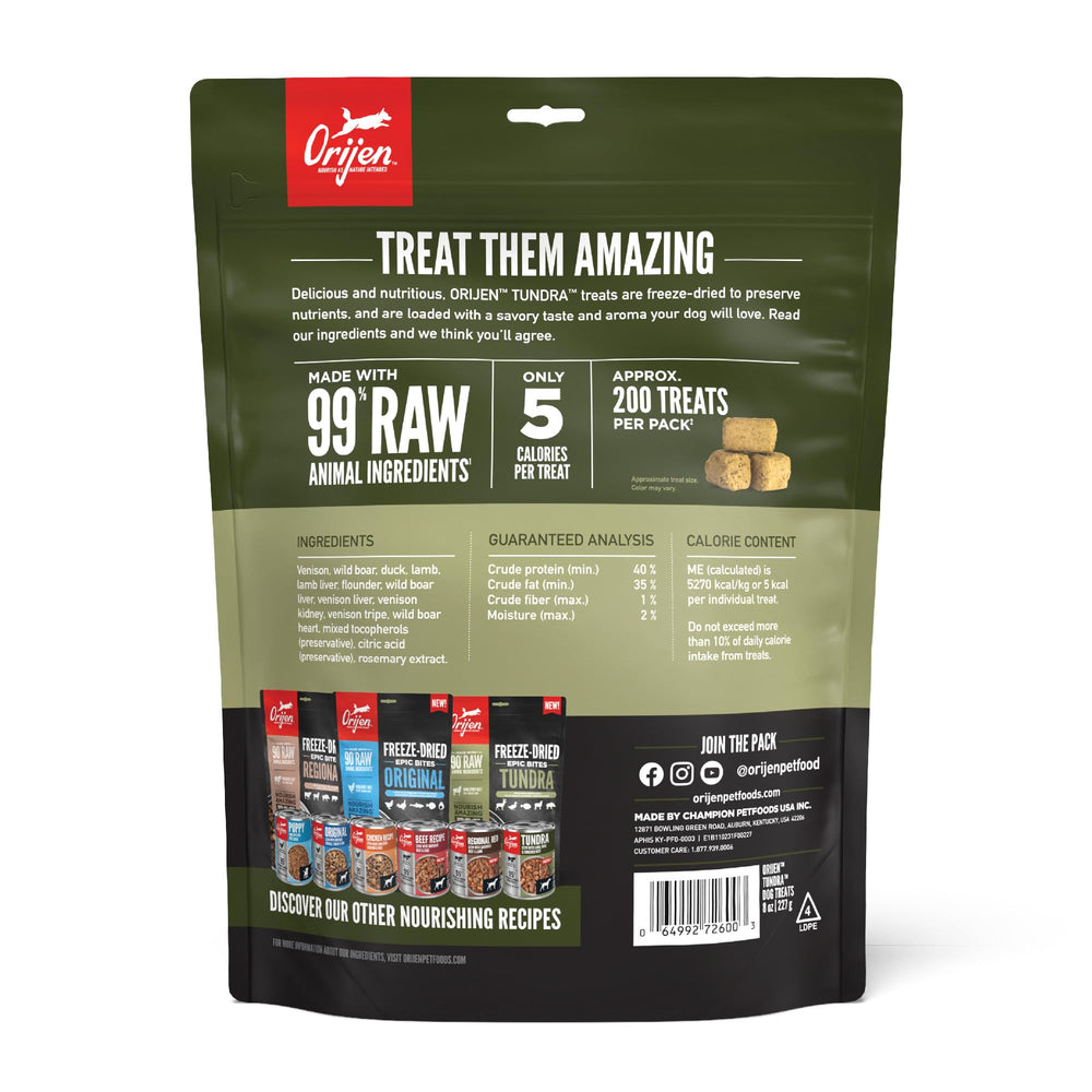 Packaging close-up showing ORIJEN Tundra high-protein, grain-free formula.