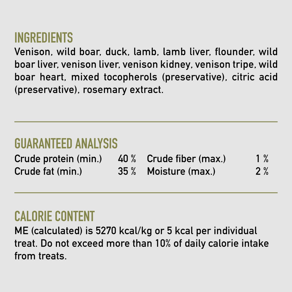 8oz bag displayed with goat, venison, and mackerel ingredients on label.