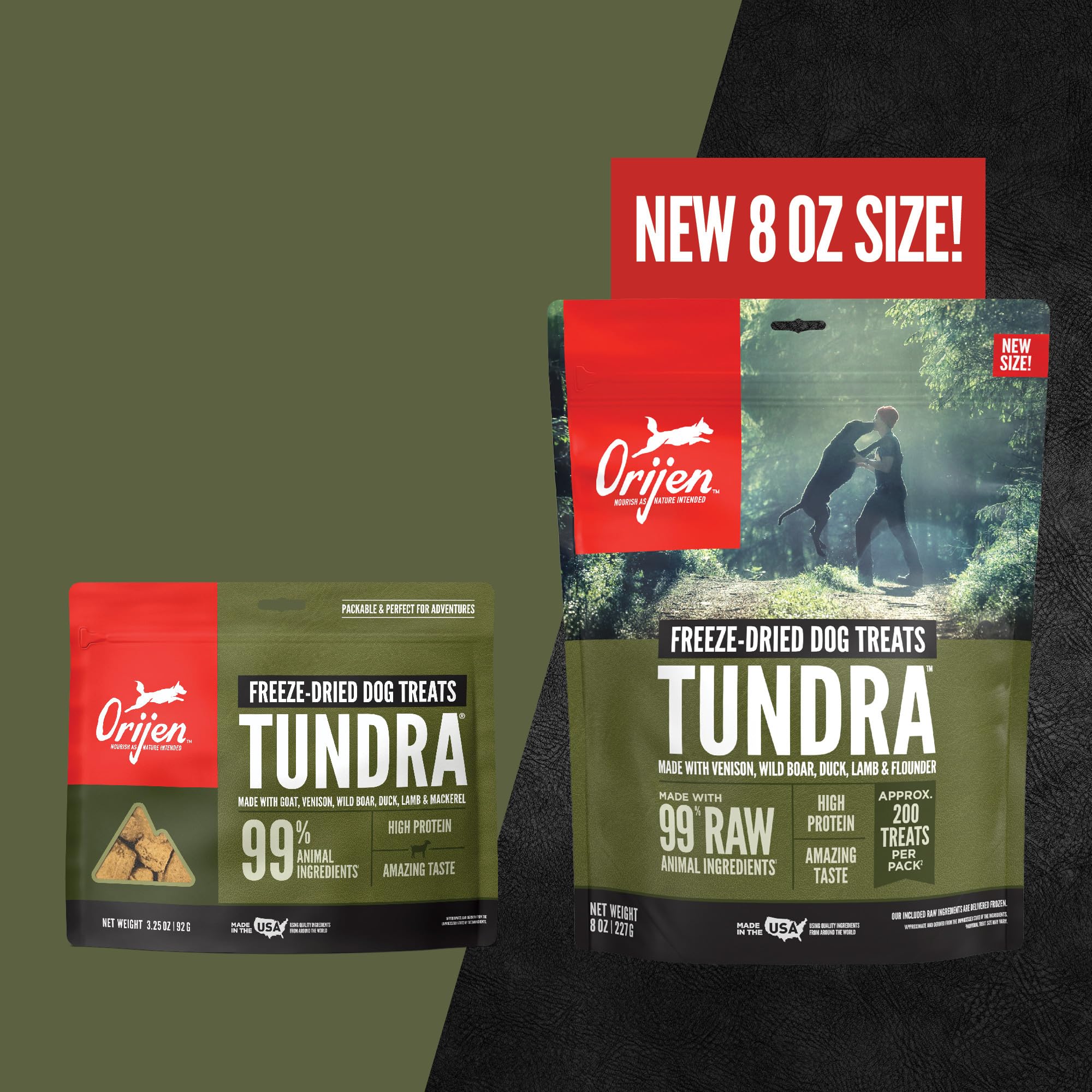 USA-made ORIJEN production with globally sourced ingredients highlighted.