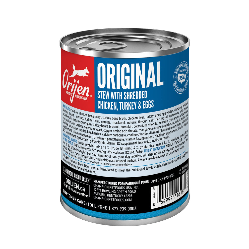 Open ORIJEN wet dog food cans with chunks showing moist texture and real meat pieces.