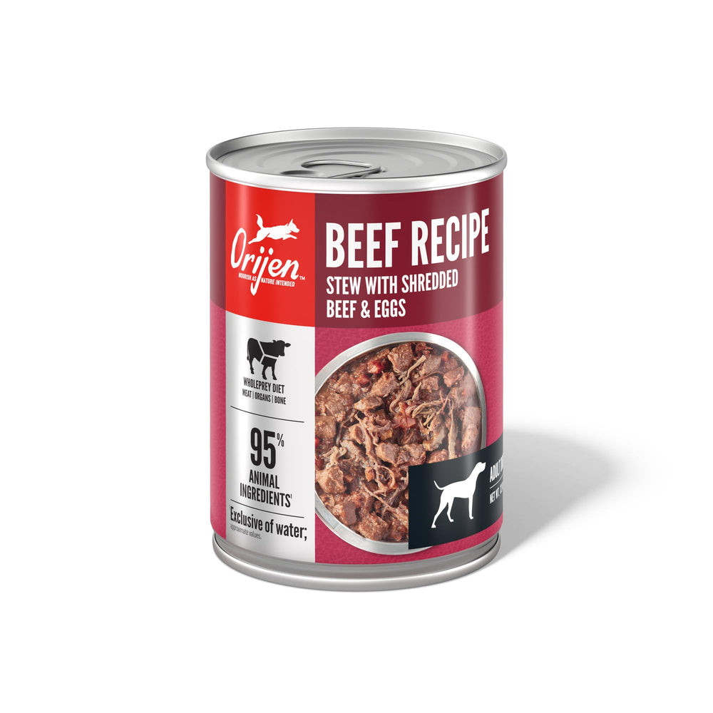 ORIJEN wet dog food twelve cans packaging close-up for convenient multi-pack feeding.