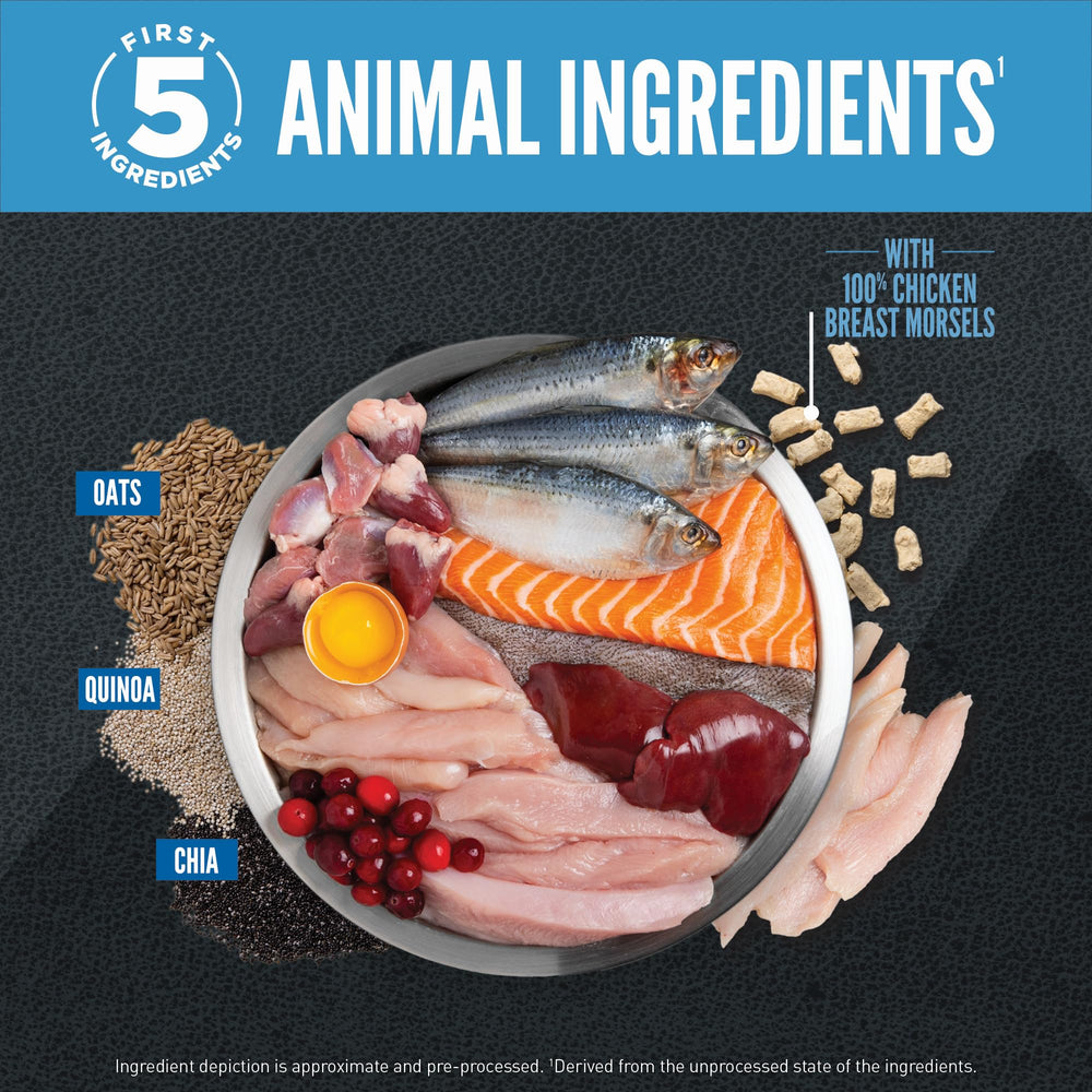 ORIJEN WholePrey ingredients with fish, organs, and bone for a complete profile.