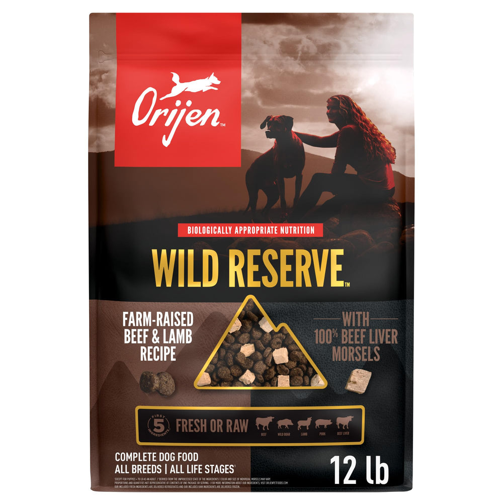 ORIJEN Wild Reserve 12lb bag showcasing protein-forward dog food for premium meals