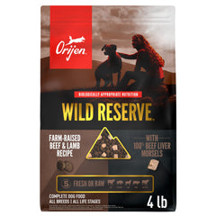 ORIJEN Wild Reserve beef-lamb kibble pour shows premium protein for mealtime excitement