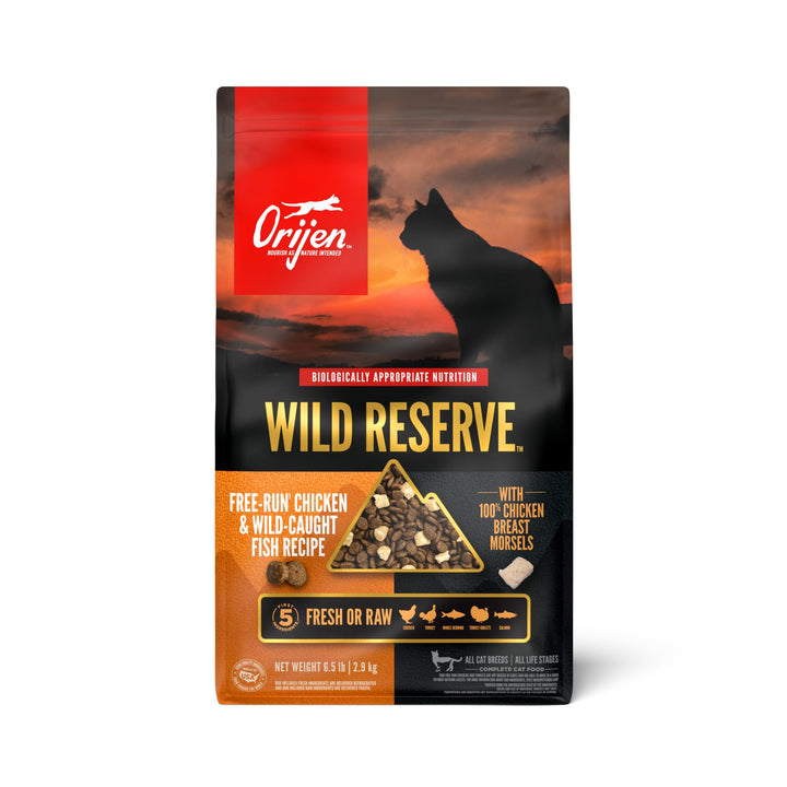 ORIJEN Wild Reserve chicken breast morsels provide protein-rich bites for energetic kittens.