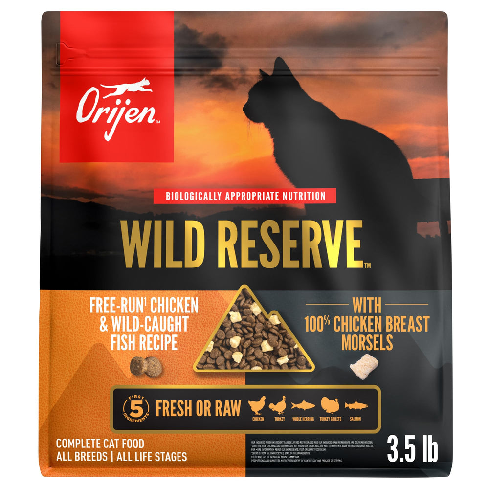 ORIJEN Wild Reserve chicken morsels visible in bites for protein-rich meals