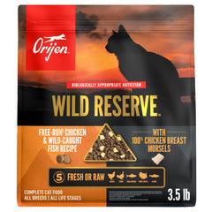ORIJEN Wild Reserve chicken morsels visible in bites for protein-rich meals