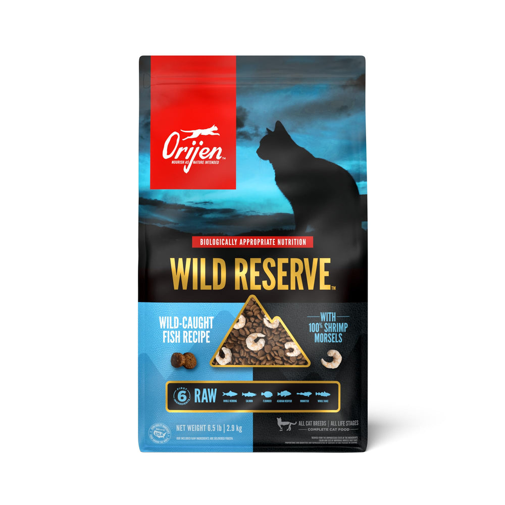 ORIJEN Wild Reserve dry cat food shows raw first six fish ingredients for protein